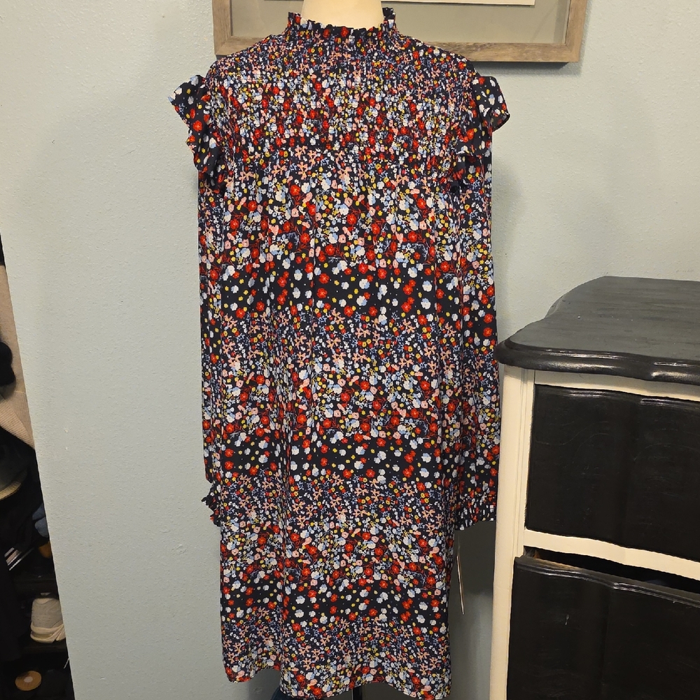 Nanette Lepore Women's Blue Floral Ruffle Smocked Mock-Neck Shift Dress 8 New